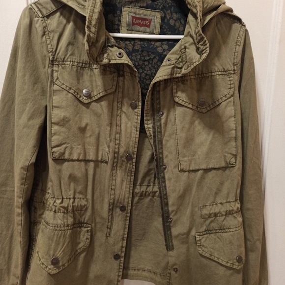 Levi's Womens Military Jacket small Olive Green Zip/Snap Closure Hideaway Hood - Picture 3 of 16